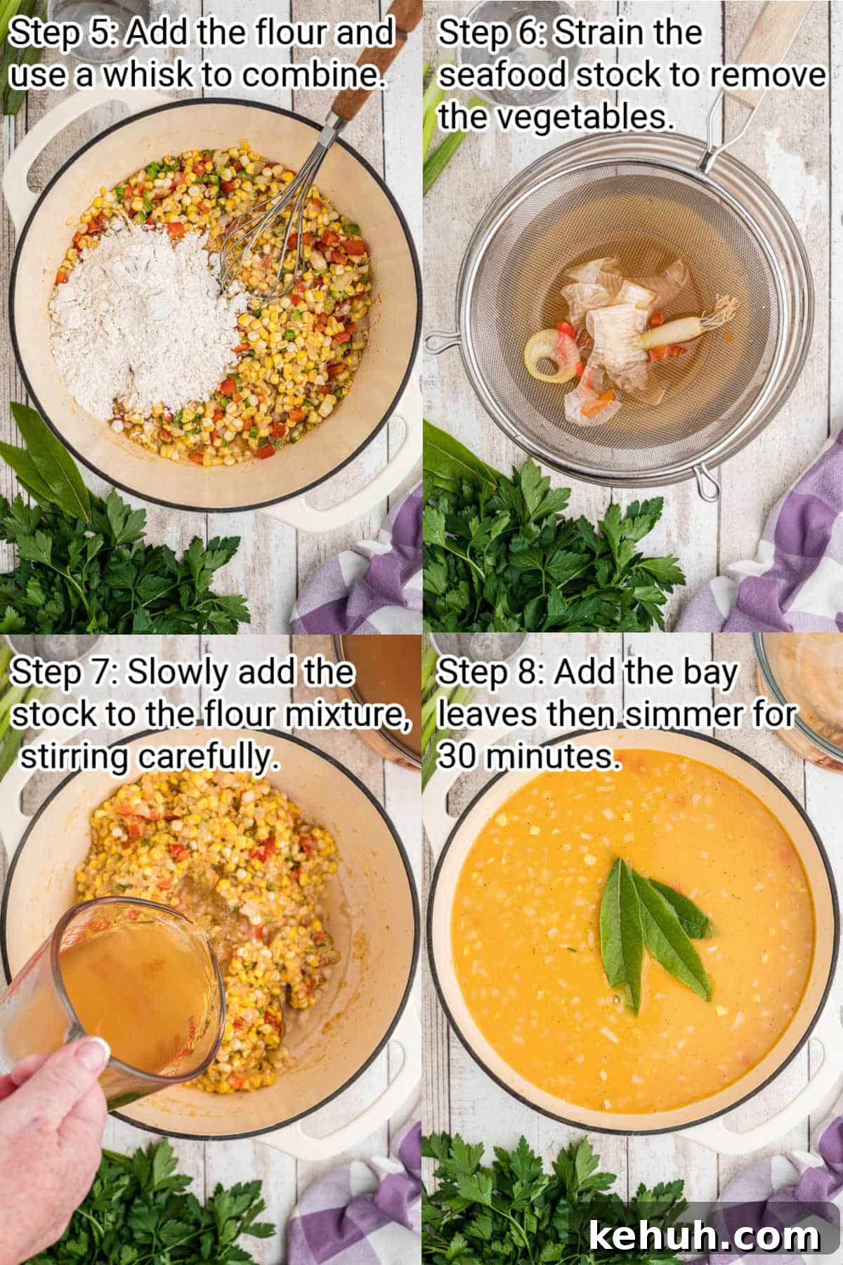 A collage of four images showing how to make corn and crab bisque.