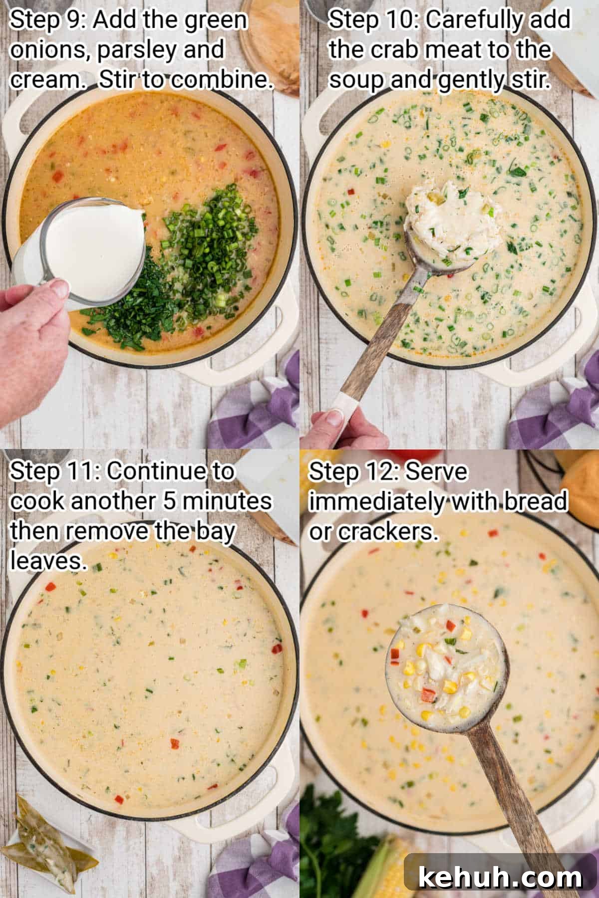 four images showing how to make corn and crab bisque, these images are 9 through 12
