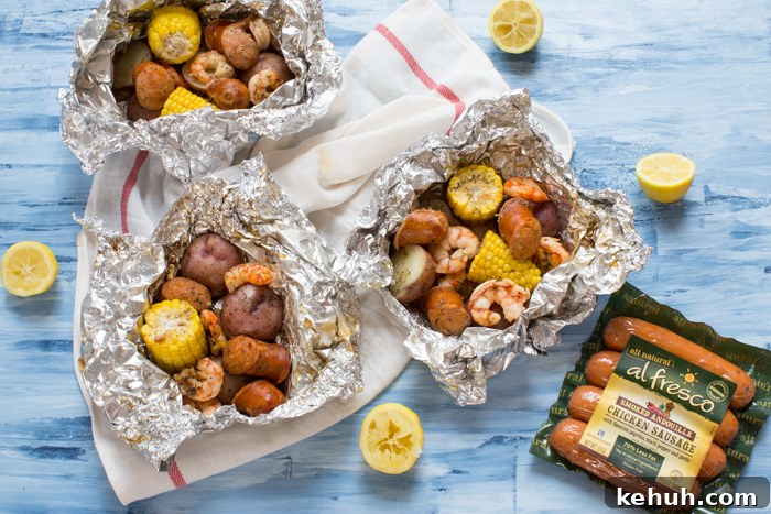 Low Country Boil Foil Pack Recipe for Seafood Camping Meals 5 Low Country Boil Foil Packs ready for the grill — less fuss and just minutes to assemble.