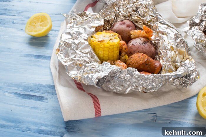 Low Country Boil Foil Pack Recipe for Seafood Camping Meals 6 Low Country Boil Foil Packs ready for the grill — less fuss and just minutes to assemble.