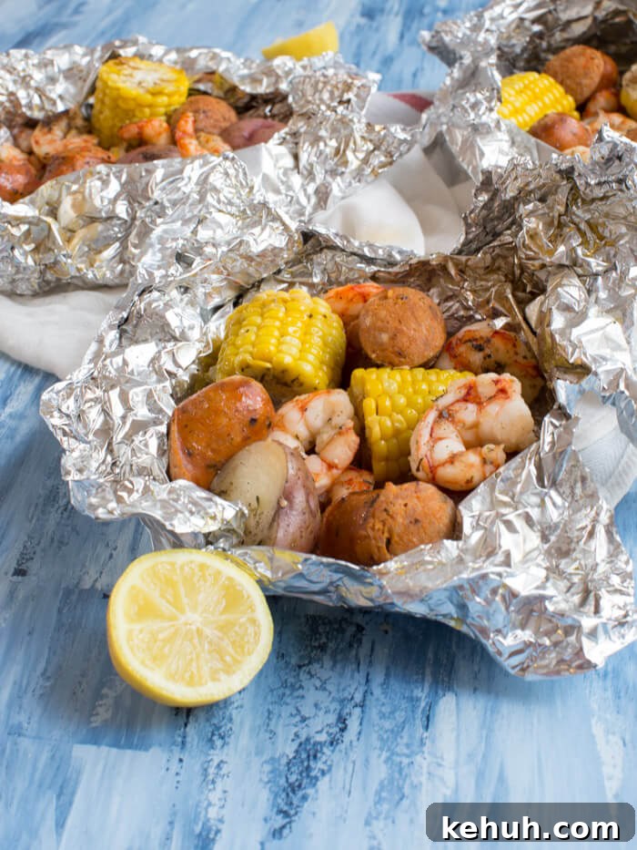 Low Country Boil Foil Pack Recipe for Seafood Camping Meals 7 Low Country Boil Foil Packs ready for the grill — less fuss and just minutes to assemble.