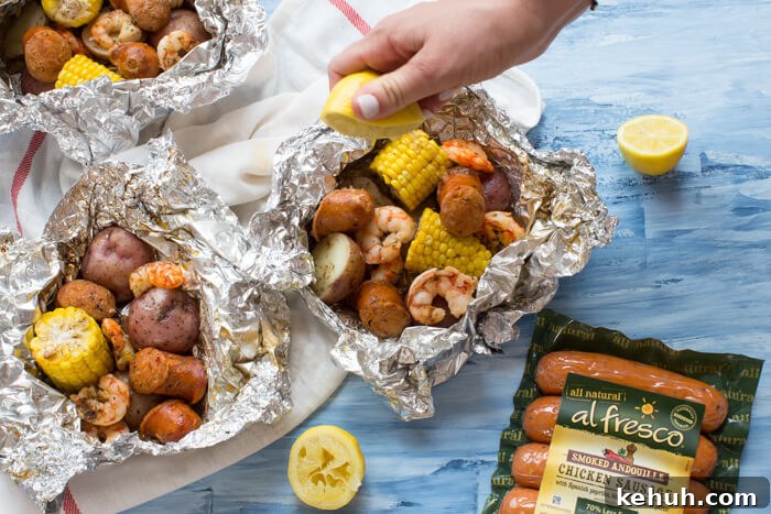 Low Country Boil Foil Pack Recipe for Seafood Camping Meals 8 Low Country Boil Foil Packs ready for the grill — less fuss and just minutes to assemble.