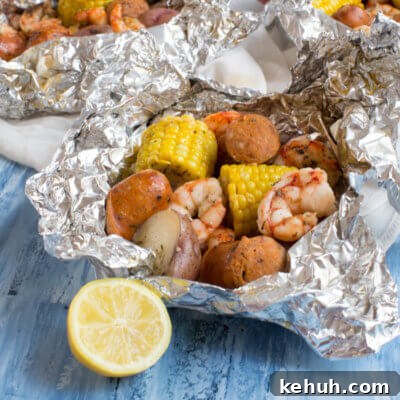 Low Country Boil Foil Packs ready for the grill — less fuss and just minutes to assemble.