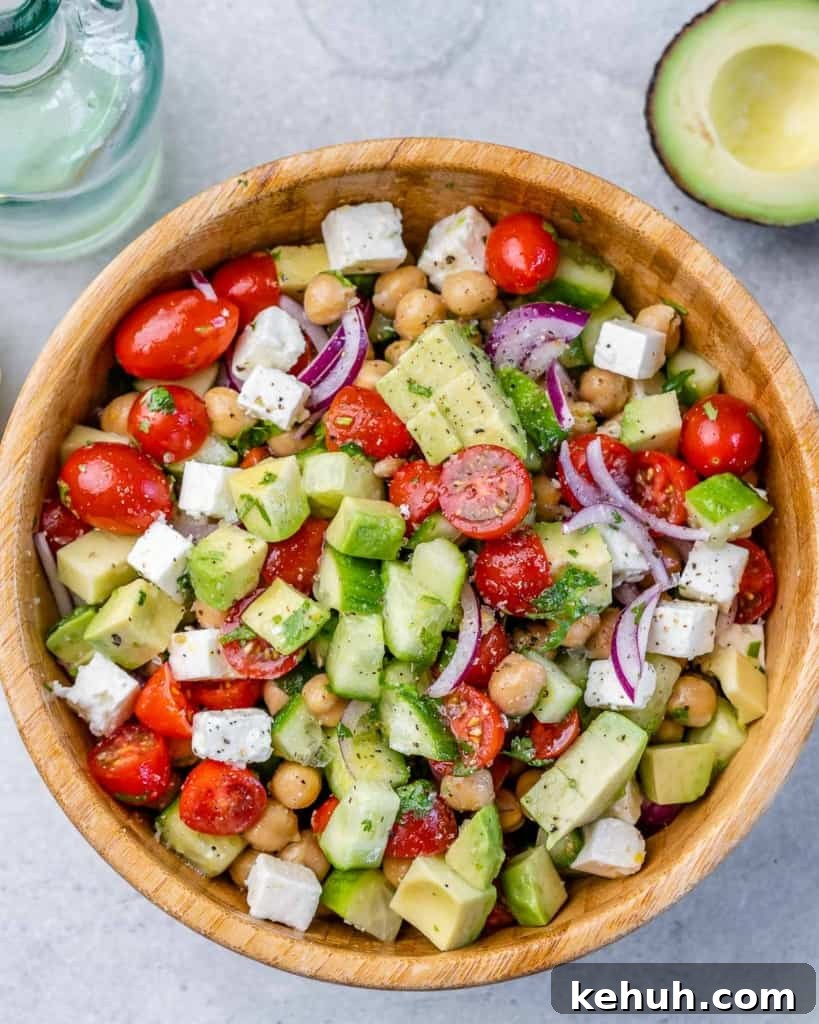 Mediterranean Chickpea and Feta Salad Recipe 9 top view of chickpea and feta salad in a bowl