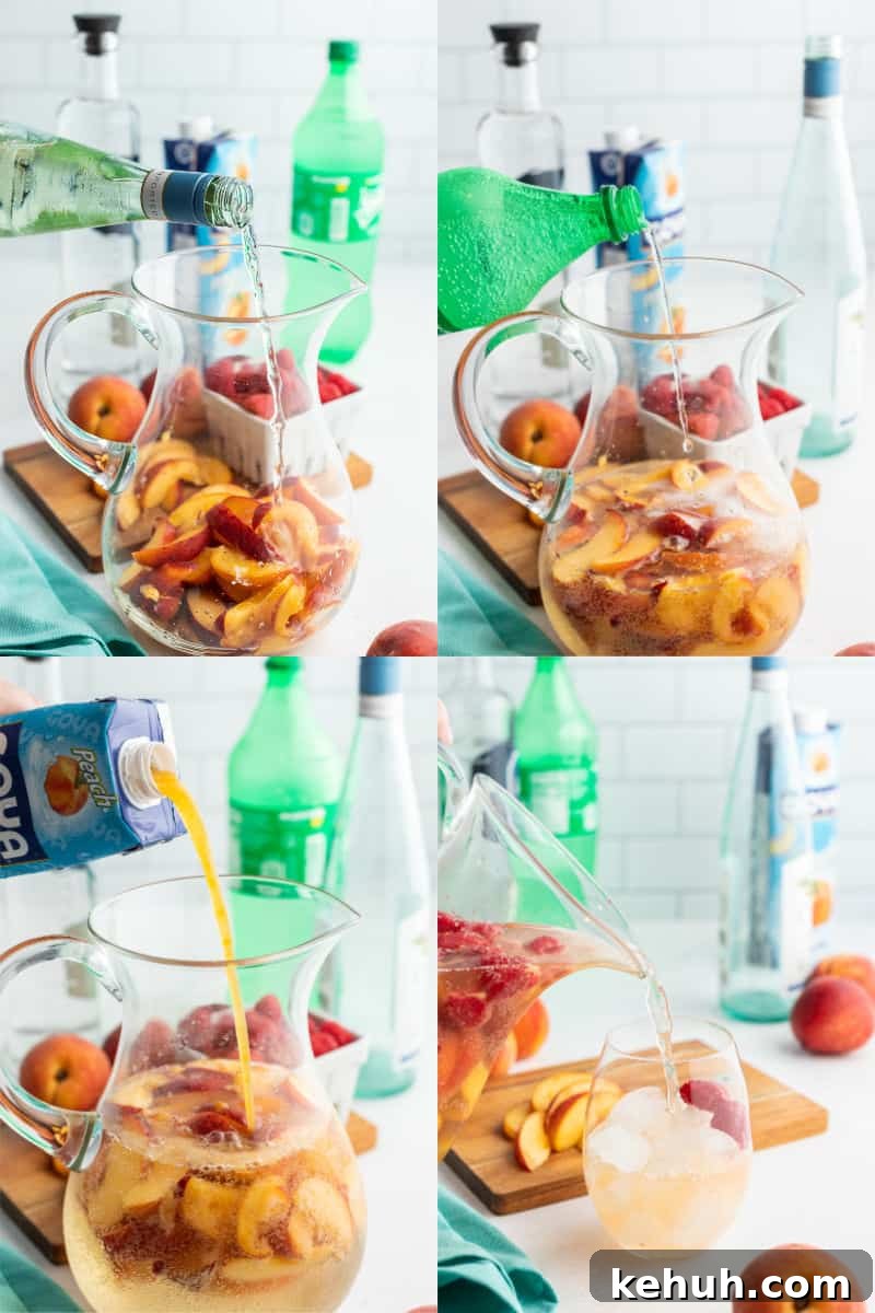 Bring on a never-ending pitcher of this Raspberry Peach Moscato Punch! Some wine, Sprite, and lots of fruit is a crazy good combo made for sharing! wine, lemon-lime soda, and peach nectar being poured into a pitcher with peaches and raspberries, and then punch being poured into a glass with ice