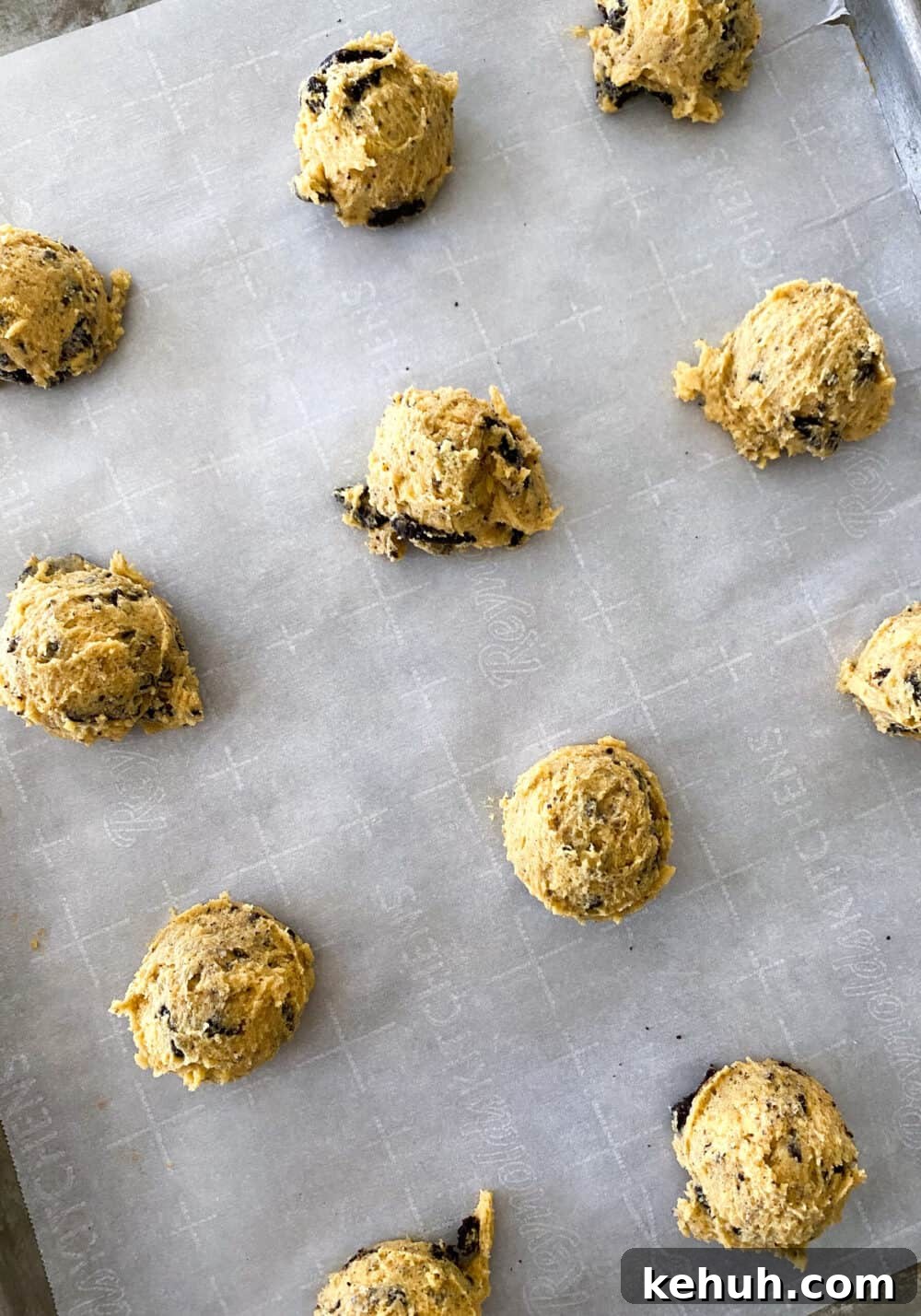 cookies and cream cookie dough on baking sheet