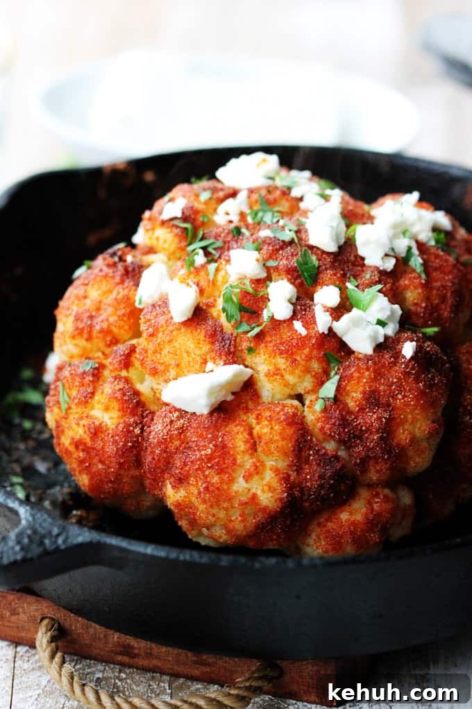 Roasted whole head of cauliflower mediterranean style with feta