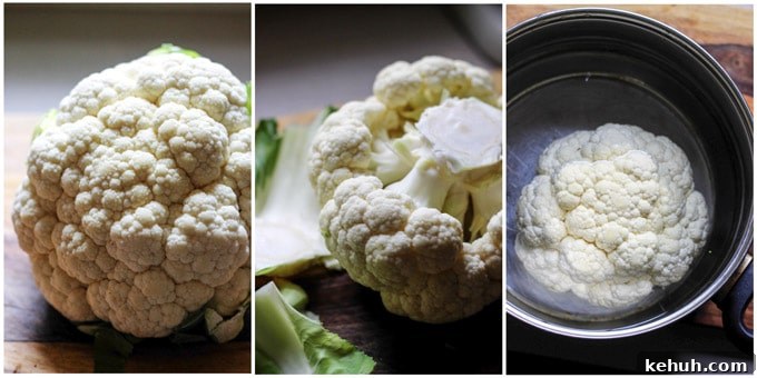 3 images of preparing cauliflower to roast