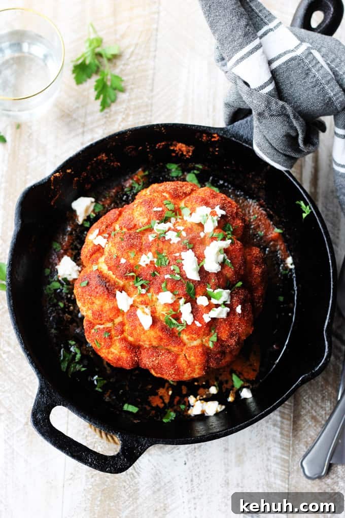 Roasted mediterranean cauliflower in a skillet