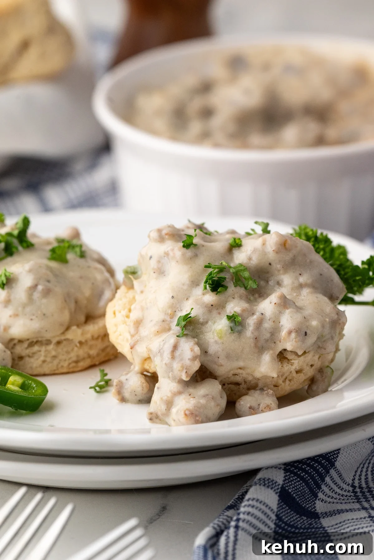 homemade gravy over buttermilk biscuit