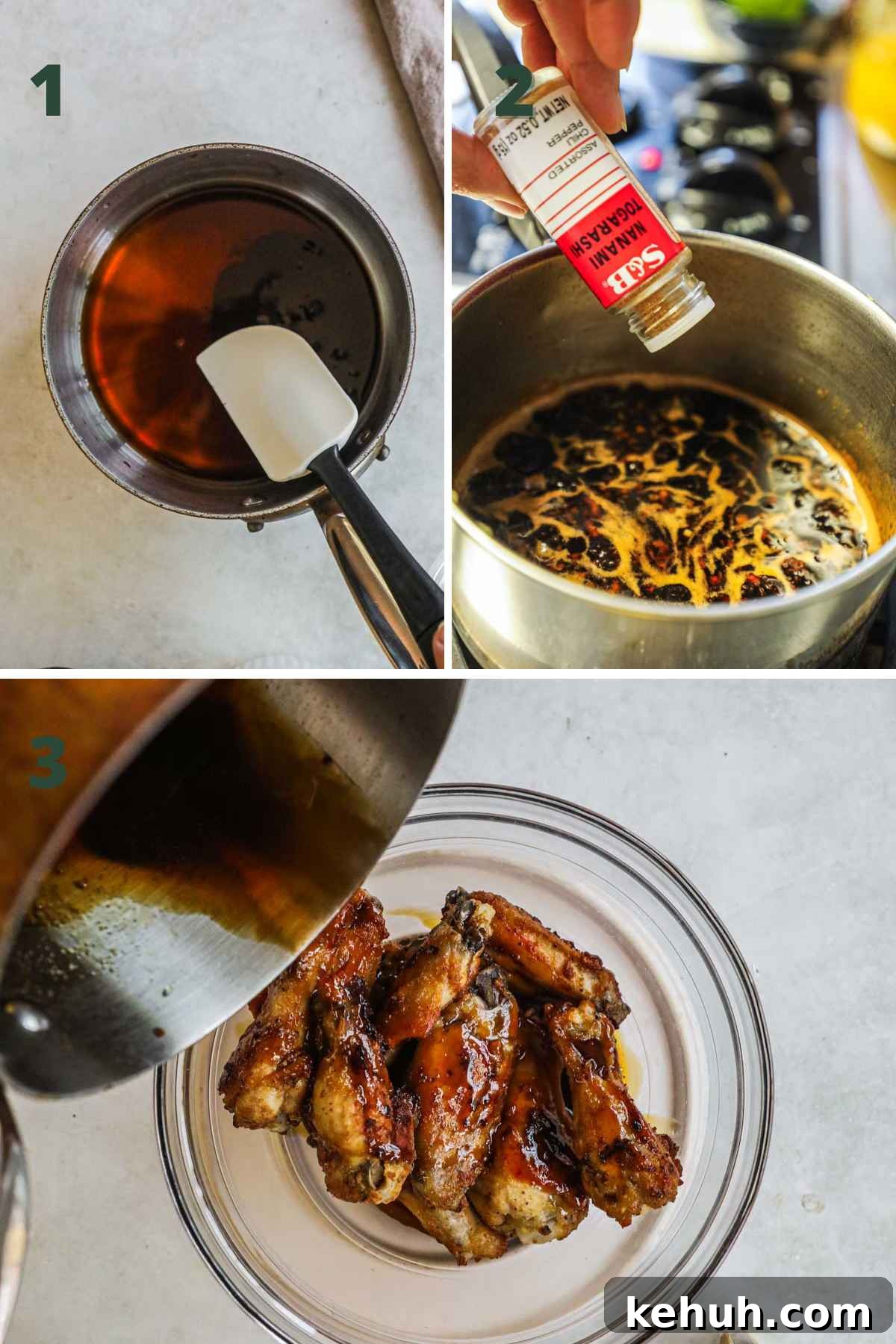 Steps to make honey soy garlic sauce, including mixing and cooking mirin, honey, soy sauce, water, and garlic, then stirring in togarashi or chili flake, and using as a glaze or marinade.