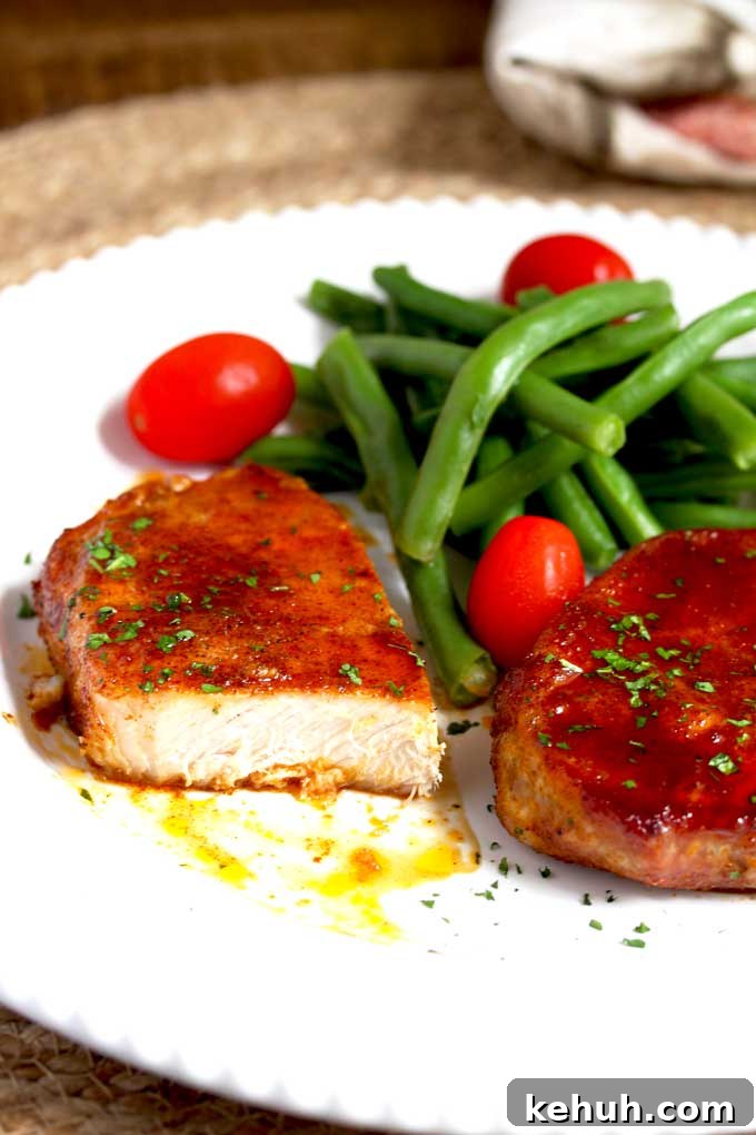 Baked Pork chop cut up served with green beans and tomatoes.