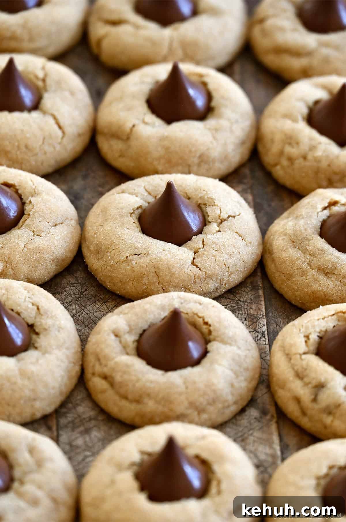 Three rows of peanut butter blossoms on a dark wood surface.