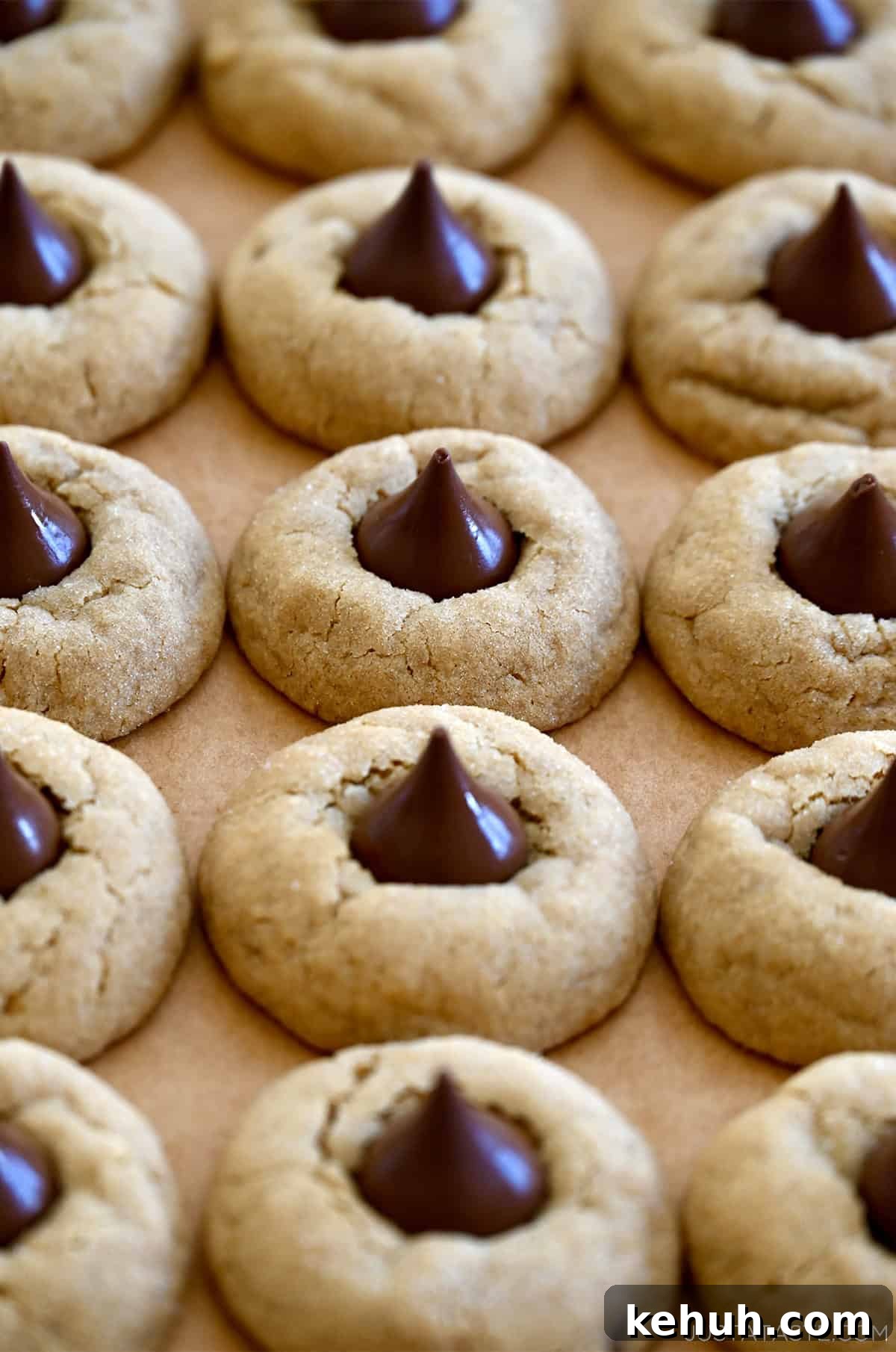 Soft and chewy peanut butter blossoms on brown parchment paper.
