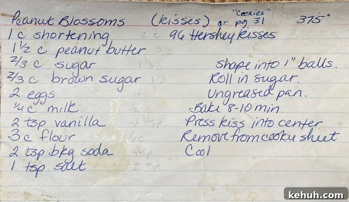 Patti's original peanut butter blossoms recipe card.