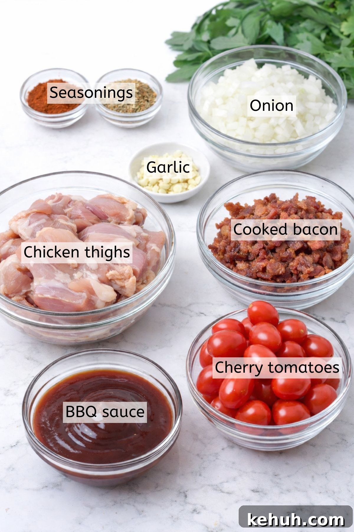 Dairy-Free Chicken Taco Skillet Recipe for Quick Weeknight Meals 3 Multiple ingredients like bacon, chicken, sauce, and seasonings in glass bowls with text labels over top.