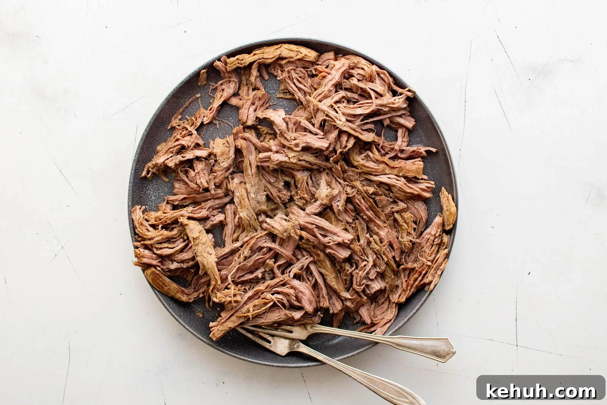 Authentic Cuban Ropa Vieja Recipe — Slow-Cooked Shredded Beef 6 Plate of shredded flank steak with two forks ready for making ropa vieja.