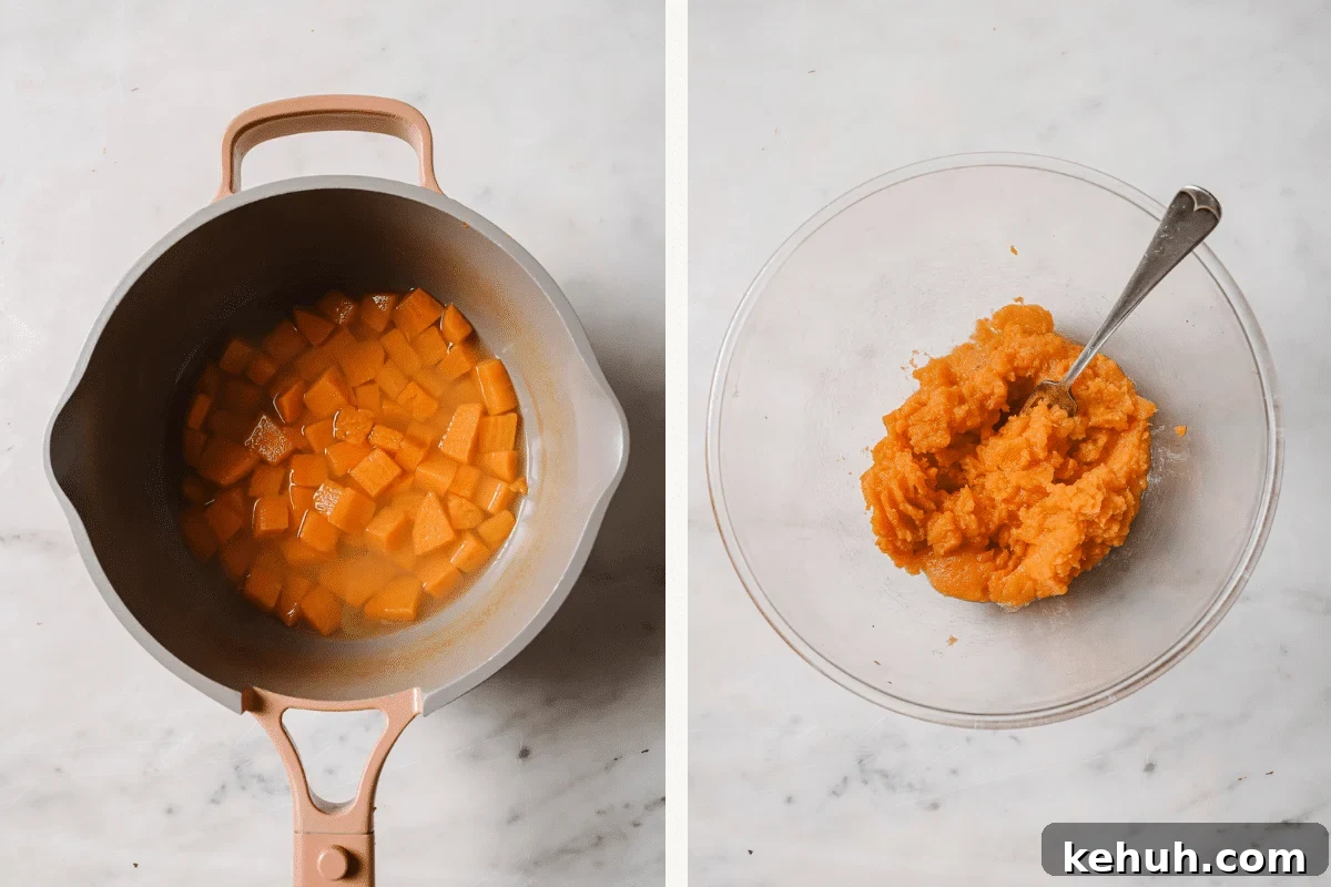 Left: diced sweet potatoes in a pot. Right: mashed sweet potatoes in a bowl. 
