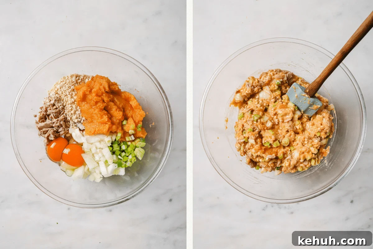 Left: ingredients in a glass bowl. Right: ingredients mixed together. 