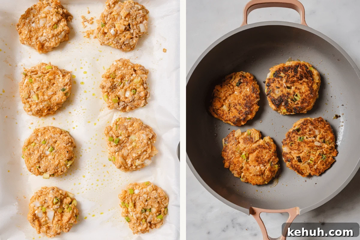 Left: shaped patties on parchment paper. Right: patties cooking in a skillet. 