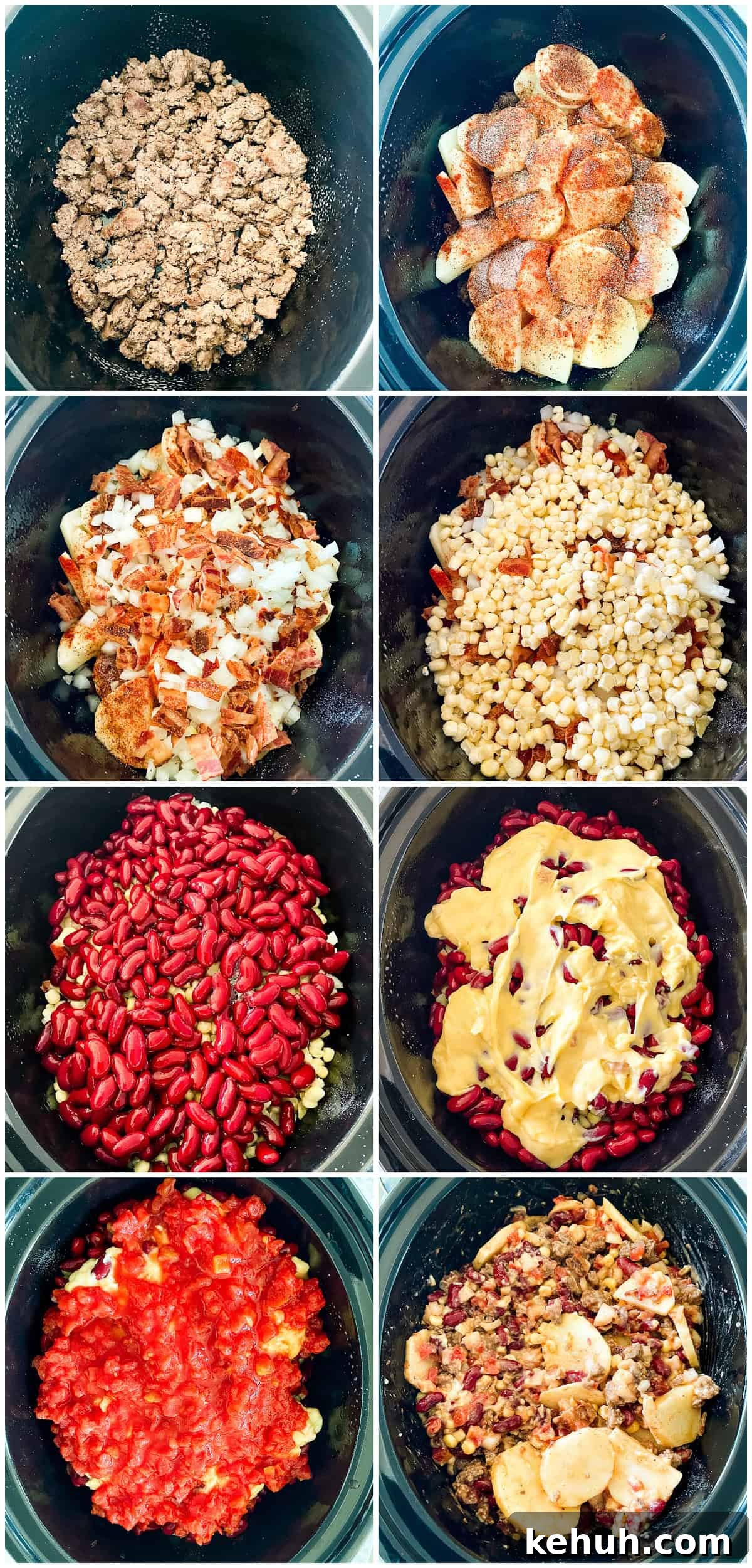 Slow-Cooker Cowboy Casserole Recipe for Busy Weeknights 4 process shots - assembling cowboy casserole crockpot recipe