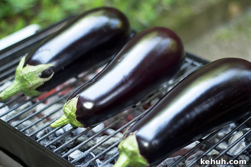 Fresh aubergines on the BBQ