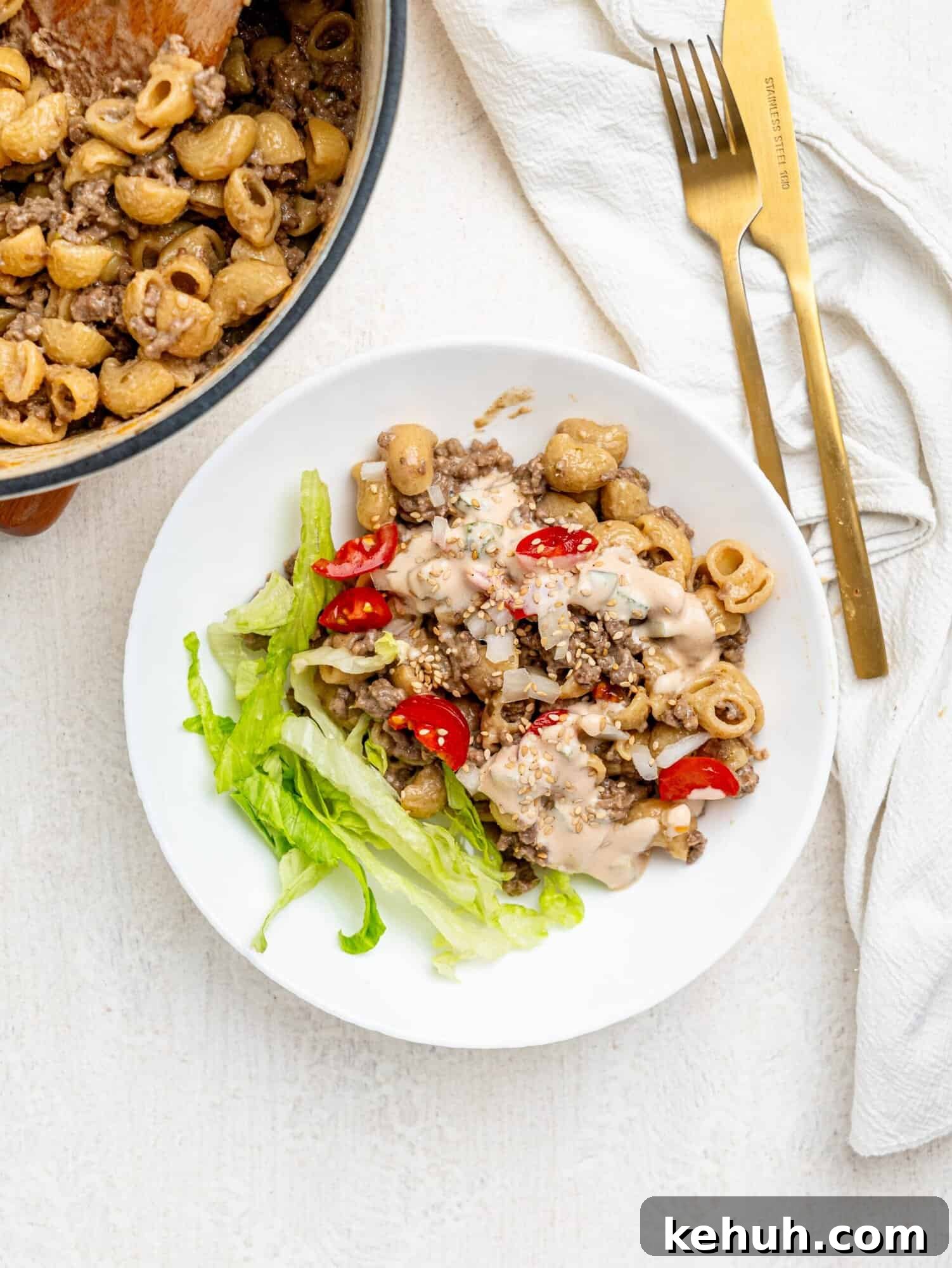 High-Protein Big Mac Pasta Meal-Prep Recipe 2 Big mac pasta in a white bowl.