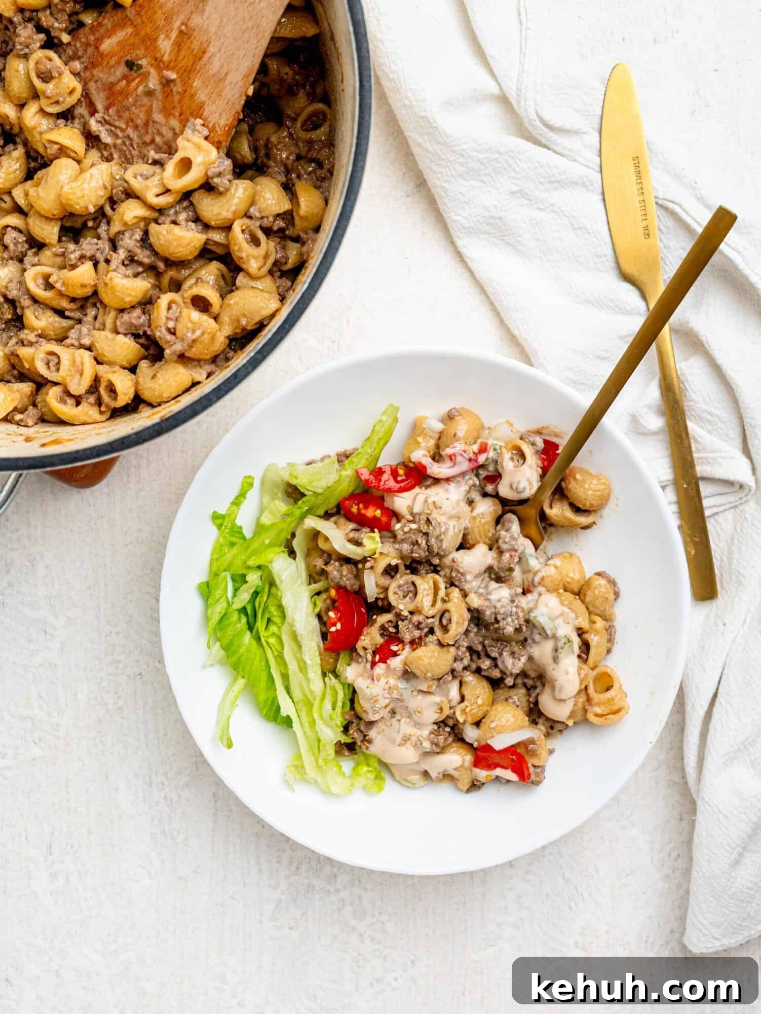 High-Protein Big Mac Pasta Meal-Prep Recipe 8 Big mac pasta in a white bowl.