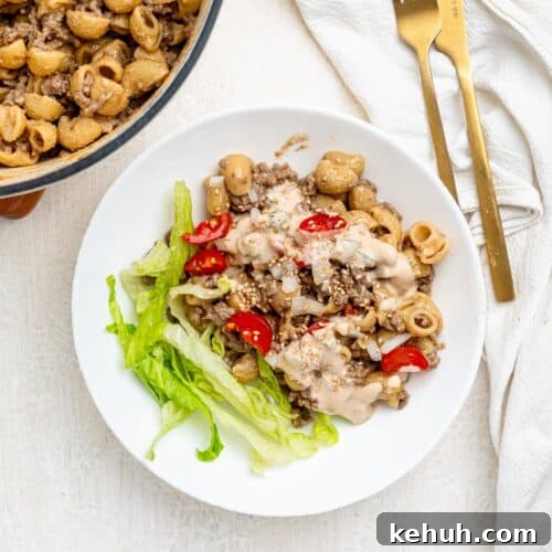 High-Protein Big Mac Pasta Meal-Prep Recipe 9 Big mac pasta in a white bowl.