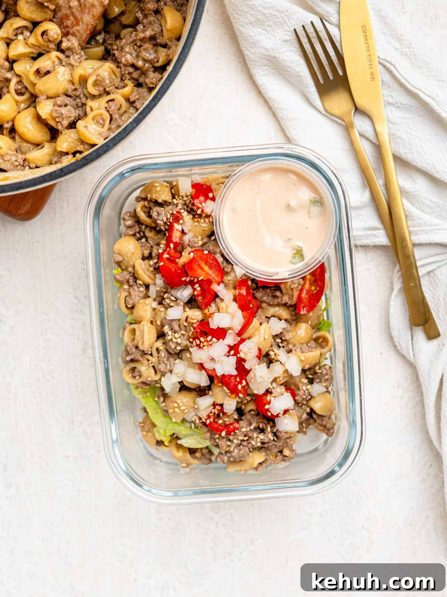 High-Protein Big Mac Pasta Meal-Prep Recipe 3 Big mac pasta in a glass meal-prep container.