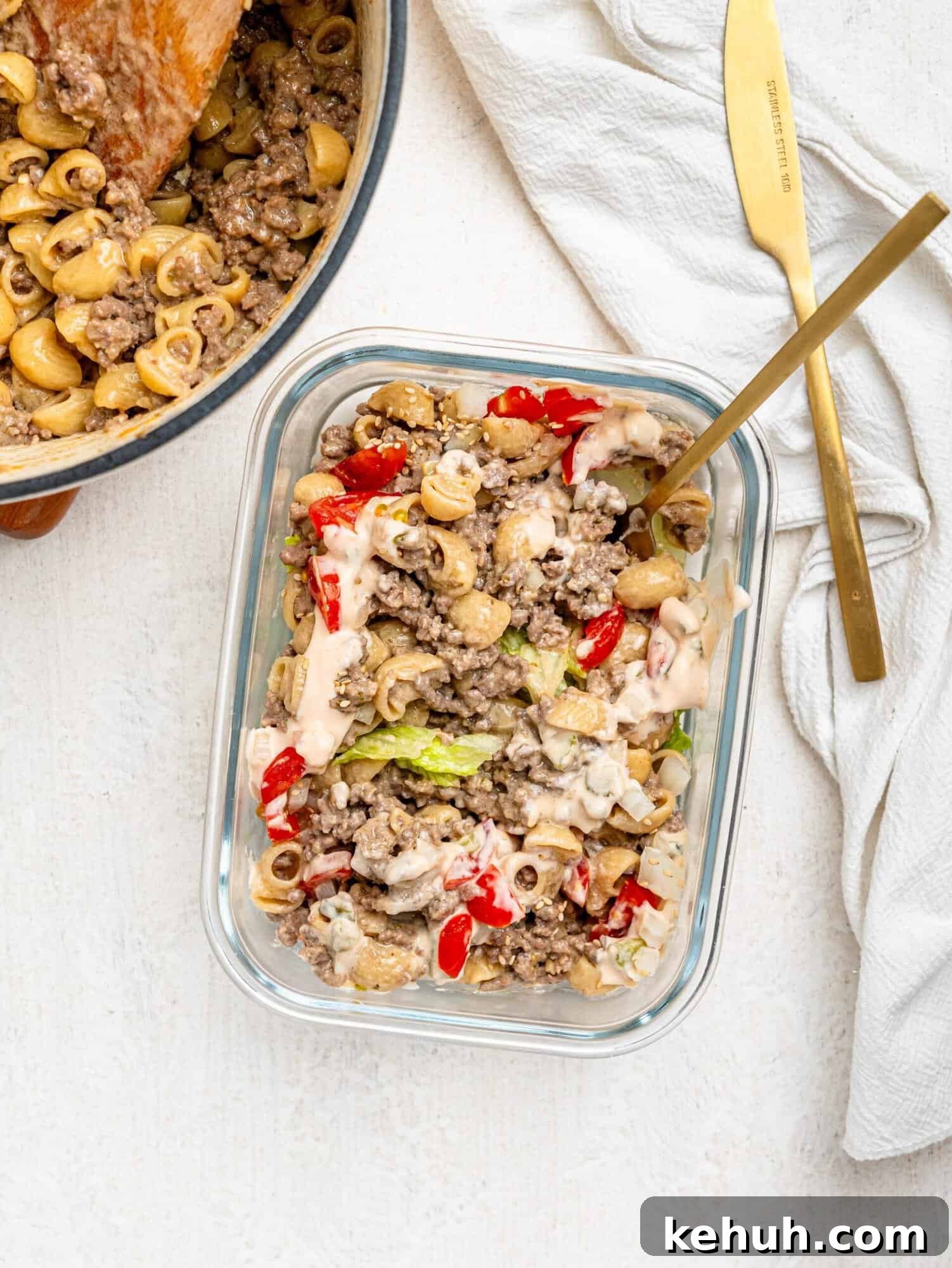 High-Protein Big Mac Pasta Meal-Prep Recipe 7 Big mac pasta in a glass meal-prep container.