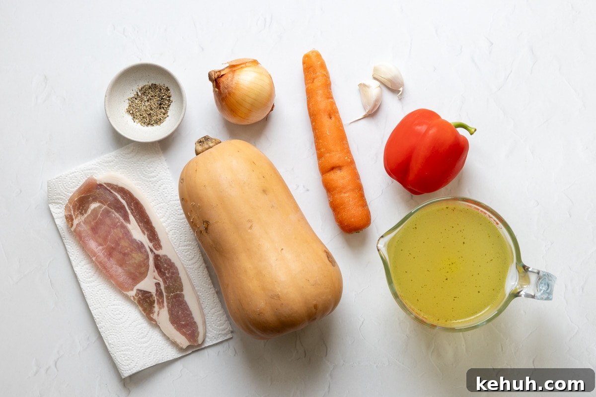 Ingredients for butternut squash and bacon soup