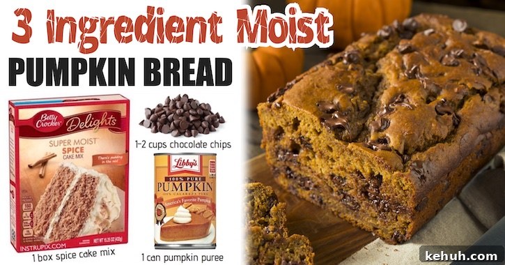 Quick and easy pumpkin bread recipe made with a box of spice cake mix and chocolate chips
