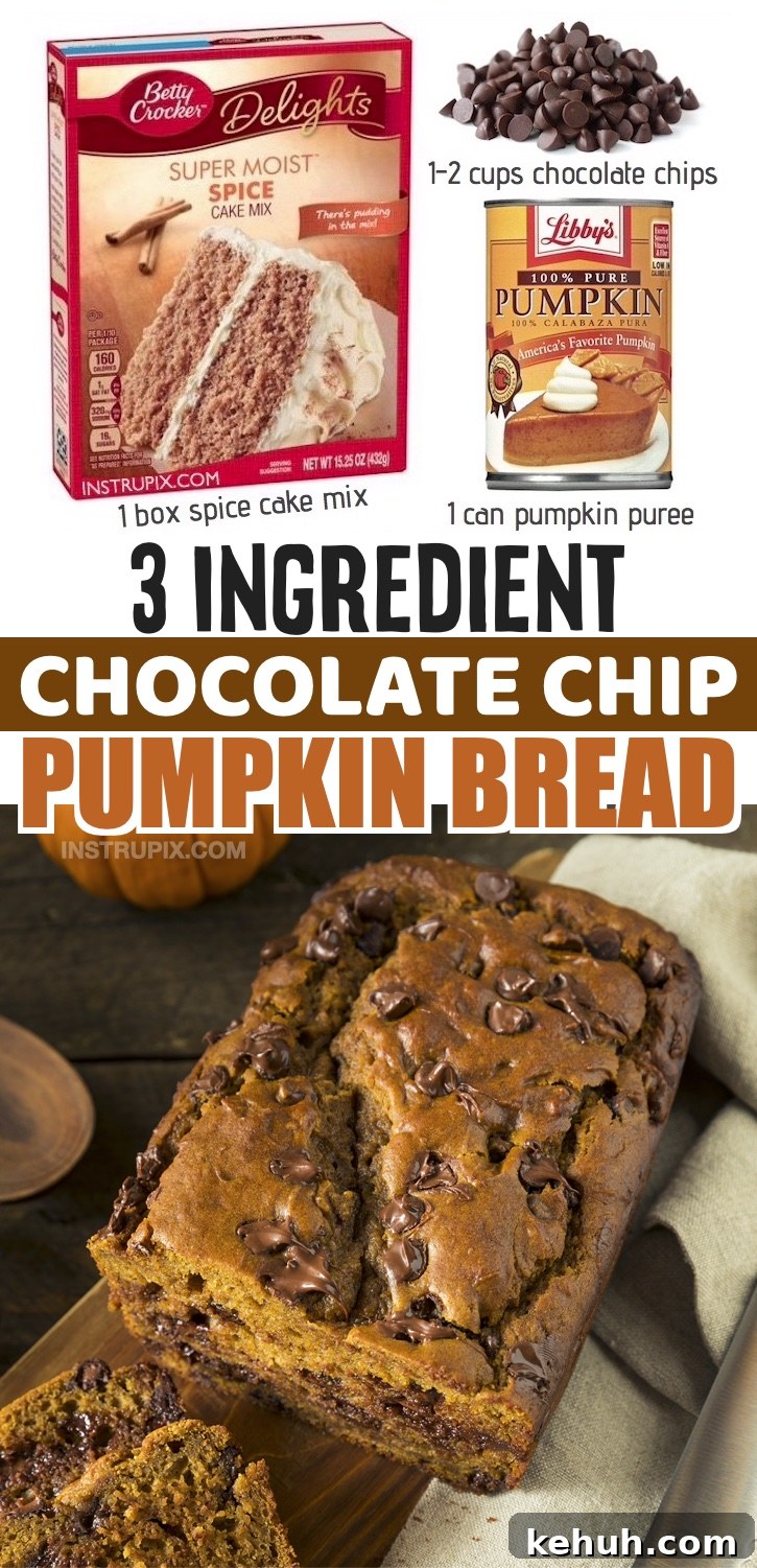 Holiday pumpkin bread made with a box of spice cake mix and chocolate chips