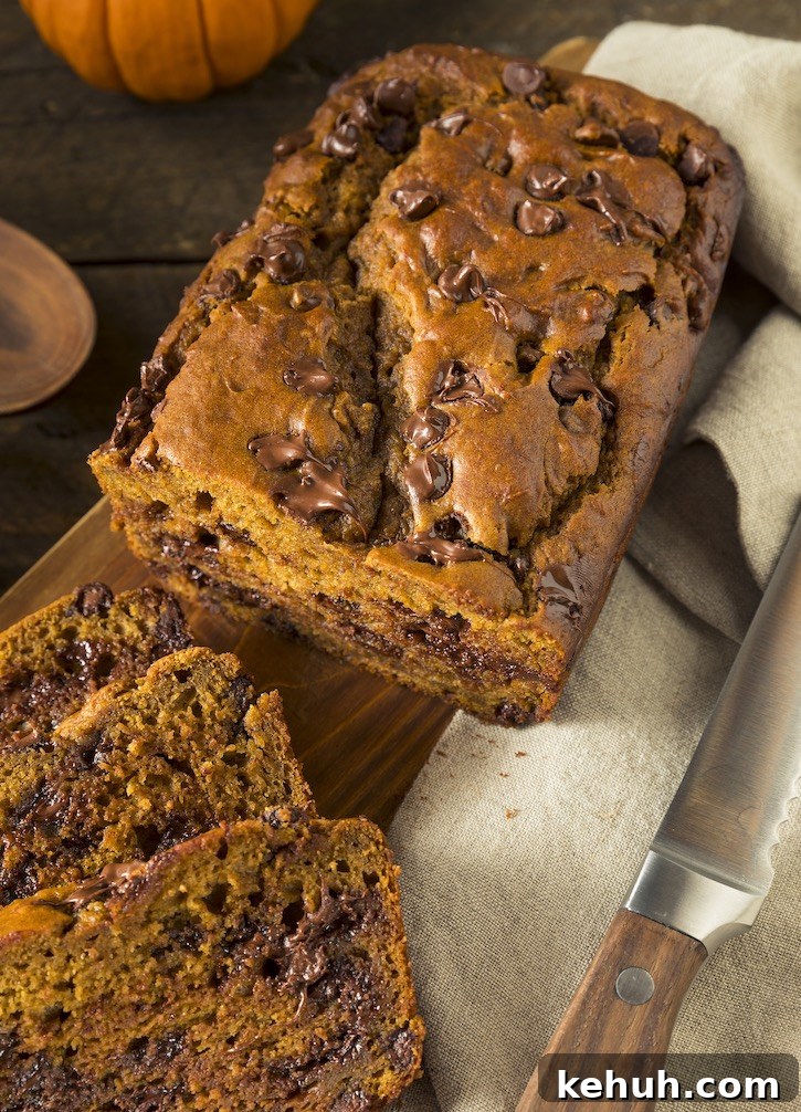 Moist chocolate chip pumpkin bread made with spice cake mix and pumpkin