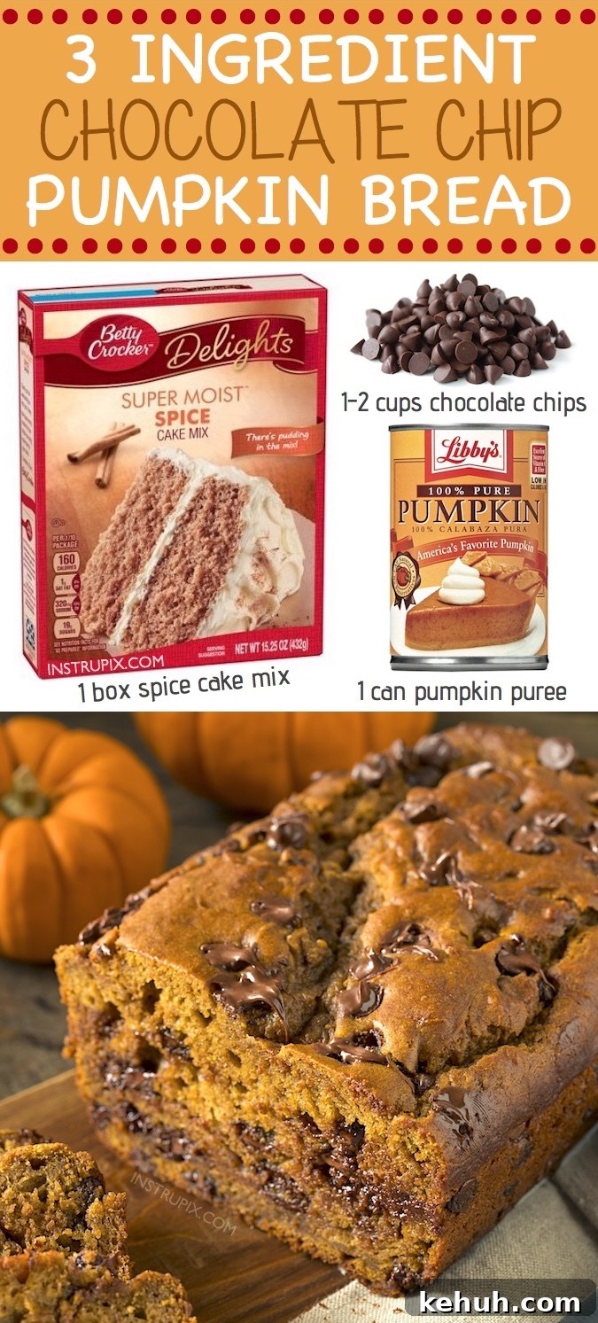 Super moist chocolate chip pumpkin bread made with spice cake mix and pumpkin puree