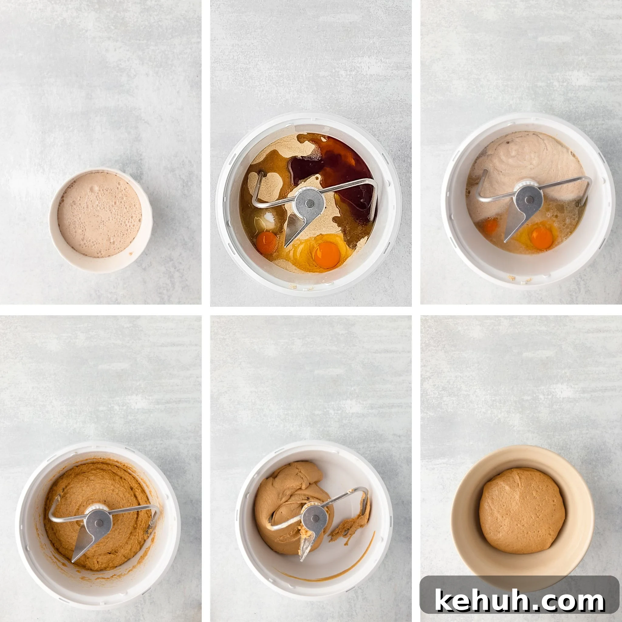 Khorasan (Kamut) Wheat Bread Recipe — Rustic Sourdough Loaf 5 Six-step collage of making dough, from frothy yeast to rested dough in a bowl.