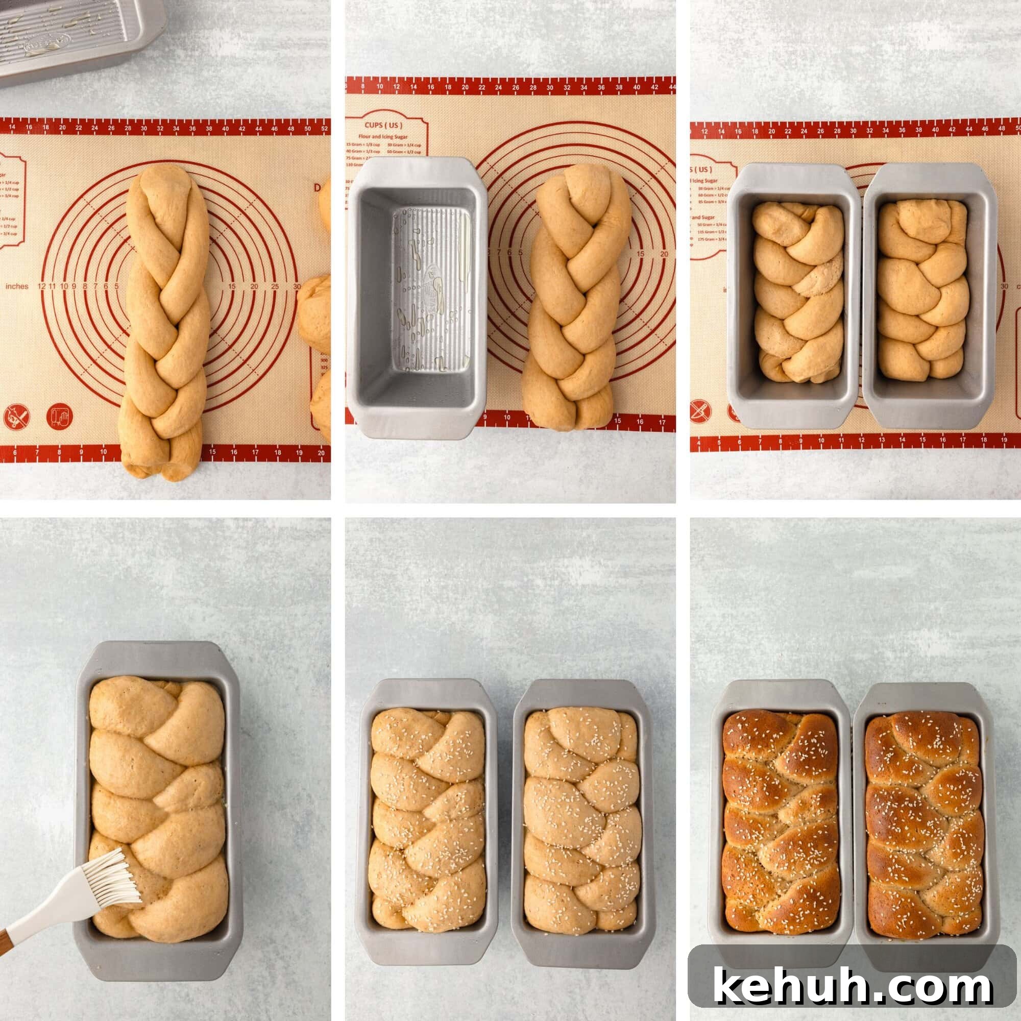 Khorasan (Kamut) Wheat Bread Recipe — Rustic Sourdough Loaf 6 Six-step collage of braided bread dough prepared, brushed, seeded, and baked to golden brown in pans.
