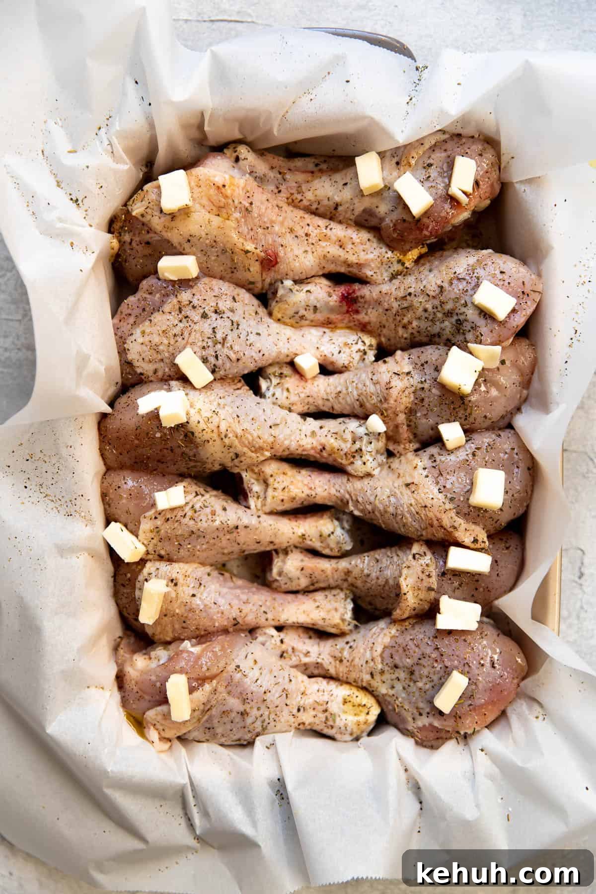chicken drums in a baking dish.