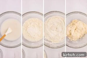 four image collage of overhead shots of dough being made.