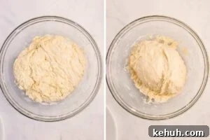 dough resting in bowl and shaped into a rough ball.