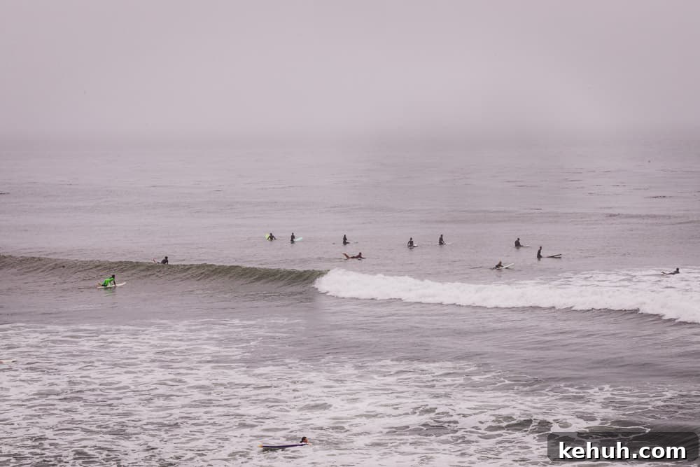 surfers in the line up in Santa Cruz on foggy day