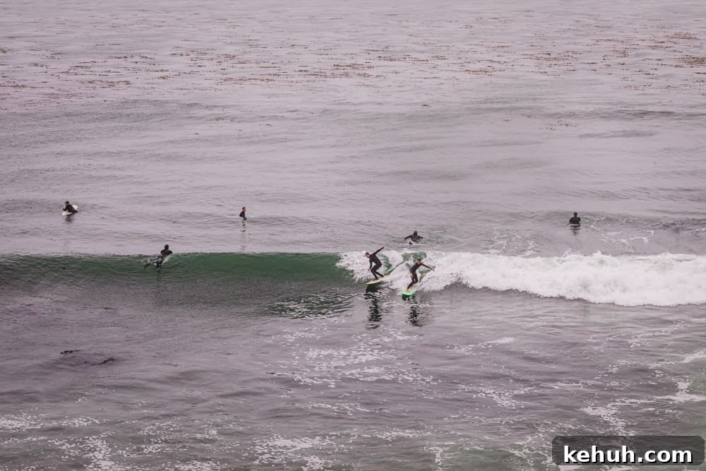 2 surfers sharing a wave at the Hook, a wave in Santa Cruz