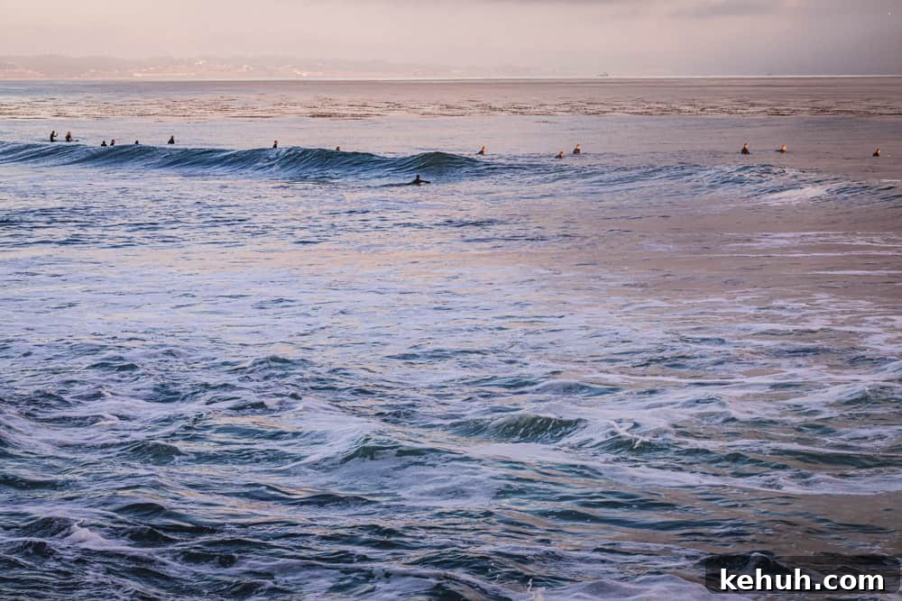 Surfers out on the line up in Pleasure Point, Santa Cruz