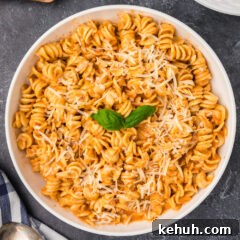 Creamy Vodka Sauce Recipe for Pasta 10 Overhead photo of a bowl of pasta covered in Vodka Sauce