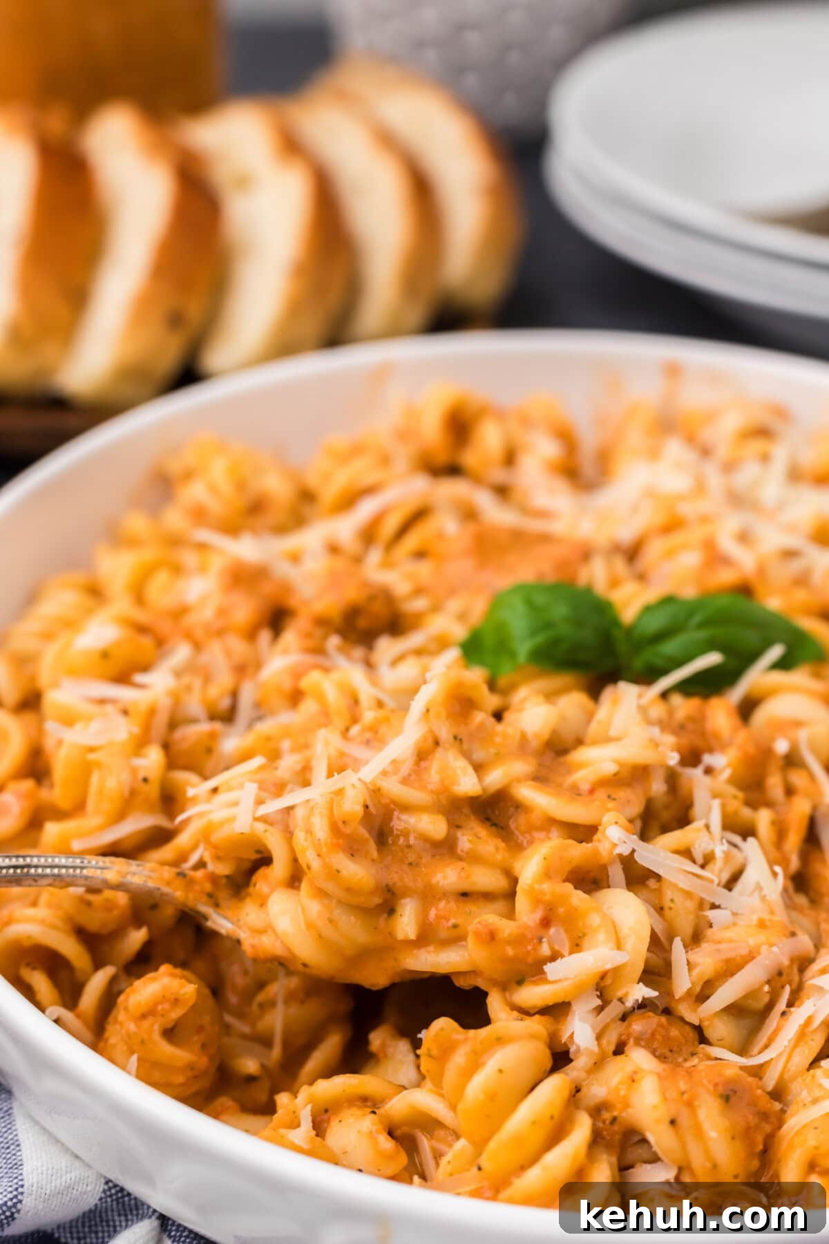Creamy Vodka Sauce Recipe for Pasta 3 Close up photo of a spoon lifting out of a bowl of pasta covered in Vodka Sauce