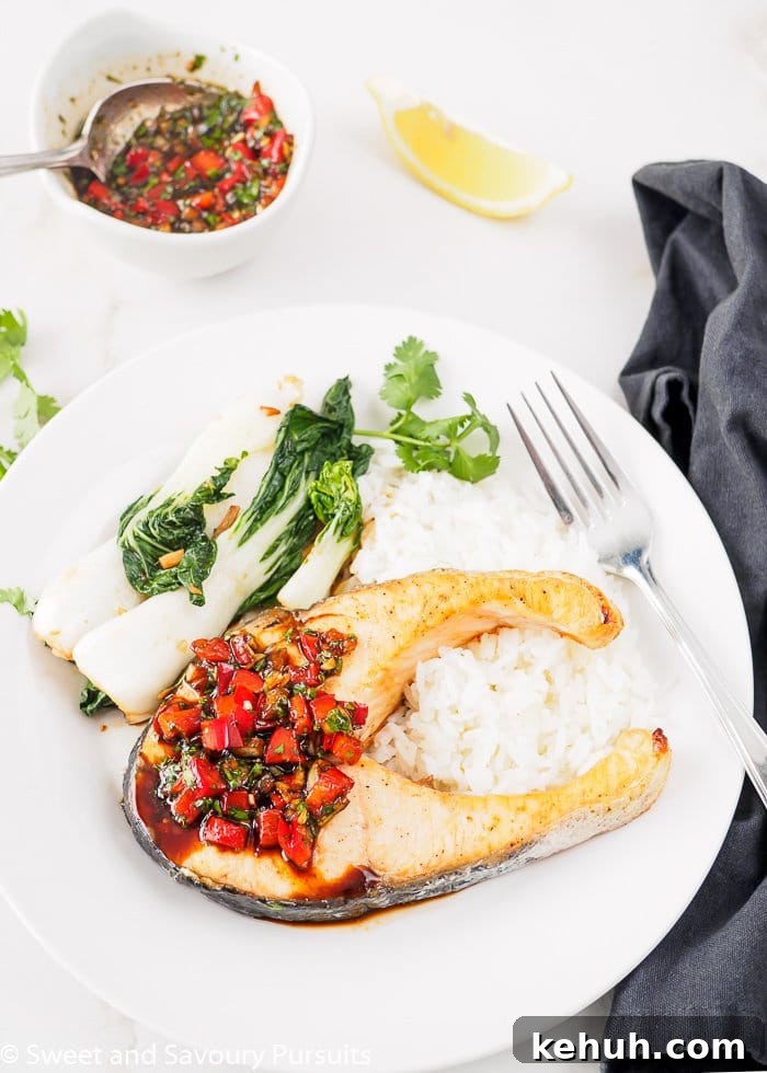 Plate of Thai Baked Salmon with Cilantro-Chili Sauce.