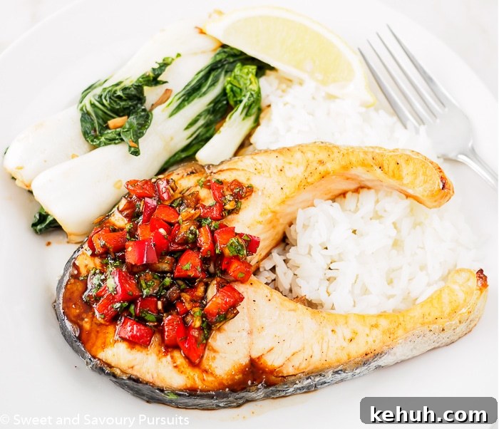 Baked Salmon with Cilantro-Chili Sauce.