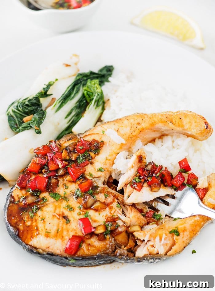Plate of Thai Salmon with Cilantro-Chili Sauce.