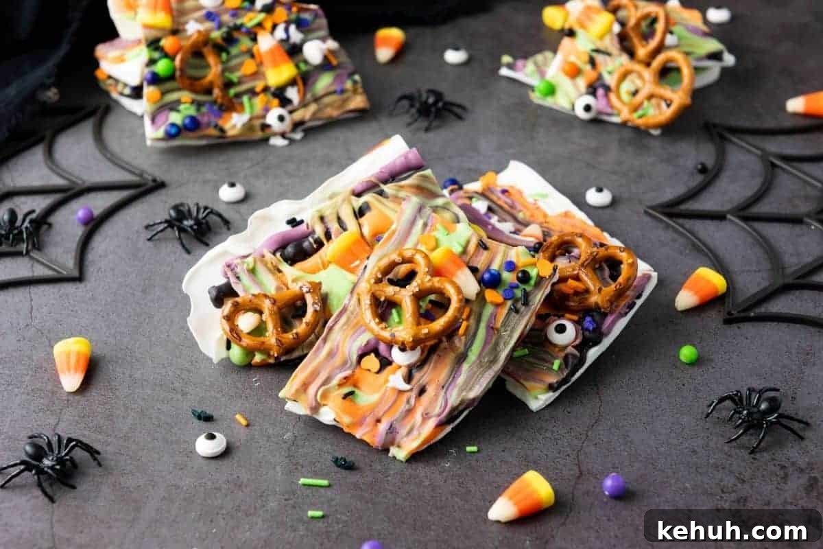 Halloween Candy bark topped with pretzels, candy eyes, sprinkles, and candy corn, displayed on a dark surface with toy spiders and web decorations.